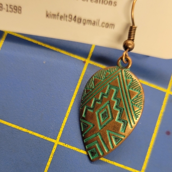 Bronze Metal Upside Tear Drop Turquoise Accent Earrings - Picture 2 of 2